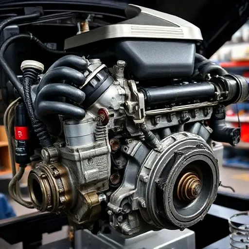 A detailed, high-quality image of a Buick Regal 3.6 V6 engine undergoing a major repair. Focus on the engine block, visible components, and tools being used. The scene should be in a well-lit automotive repair shop.