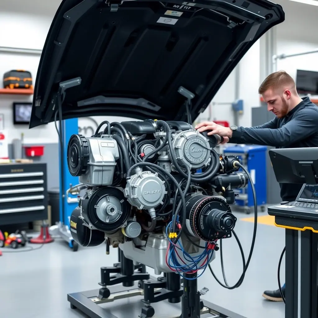 A realistic high‑resolution scene of a professional mechanic working on a Galaxy L7 PHEV 1.5T engine with its two powerful electric motors, showing the engine block, wiring harnesses, diagnostic tools, and an open car hood in a clean, well‑lit workshop