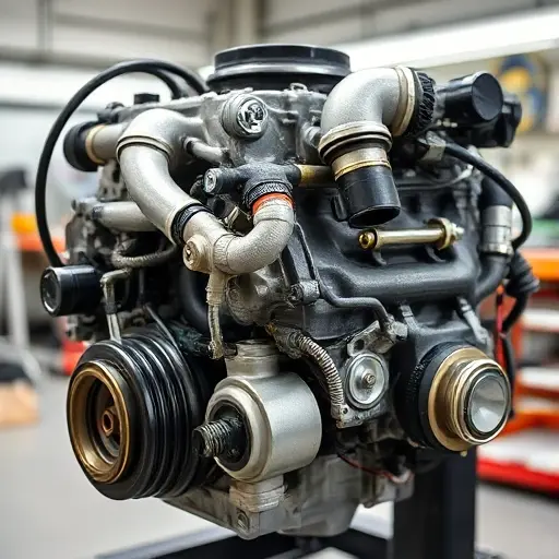 A detailed, high-quality image of a Geely Preface 2.0 Turbo engine undergoing a major repair. Focus on the engine block, turbocharger, and associated components. Show visible signs of disassembly and repair work. The background should be a clean, well-lit workshop environment.