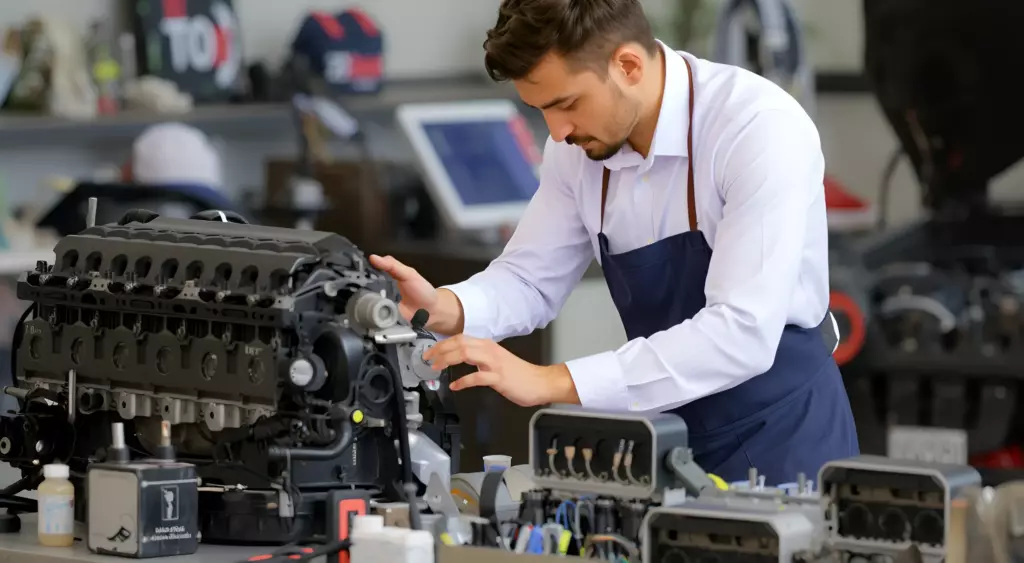 A high-resolution, horizontally oriented photo of a professional automotive repair workshop. In the foreground, a skilled mechanic in a clean work apron is carefully inspecting a disassembled engine block, with various engine components spread out on a polished metal workbench. The background shows organized tool racks, a diagnostic scanner, and a subtle hint of a car chassis. The scene conveys precision, expertise, and a focus on engine overhaul. No text, letters, or brand logos are visible.