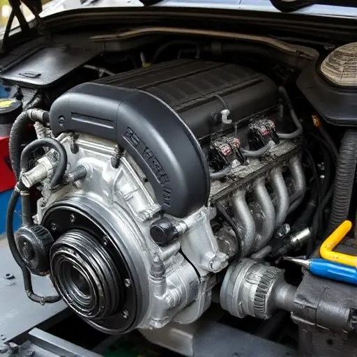 A detailed, high-quality image of a Chrysler 300 3.6 V6 engine undergoing a major repair. Focus on the engine block, visible components, and tools being used. The scene should be in a well-lit workshop environment.