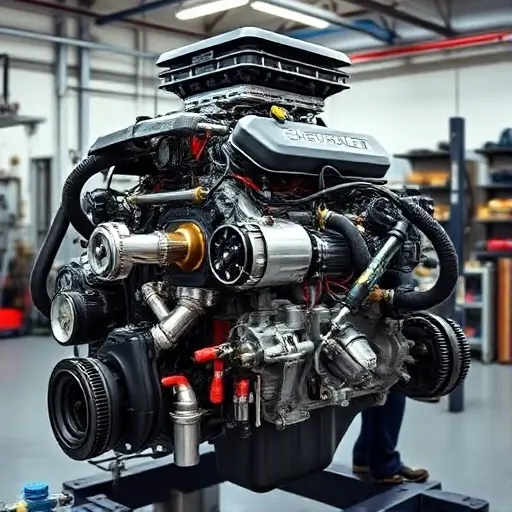 A detailed, high-quality image of a Chevrolet Camaro ZL1 6.2 V8 Supercharged engine undergoing a major overhaul in a clean, well-lit garage. Focus on the engine components, showing disassembled parts, tools, and technicians working on the engine. The engine should be the central focus, highlighting its complexity and power.