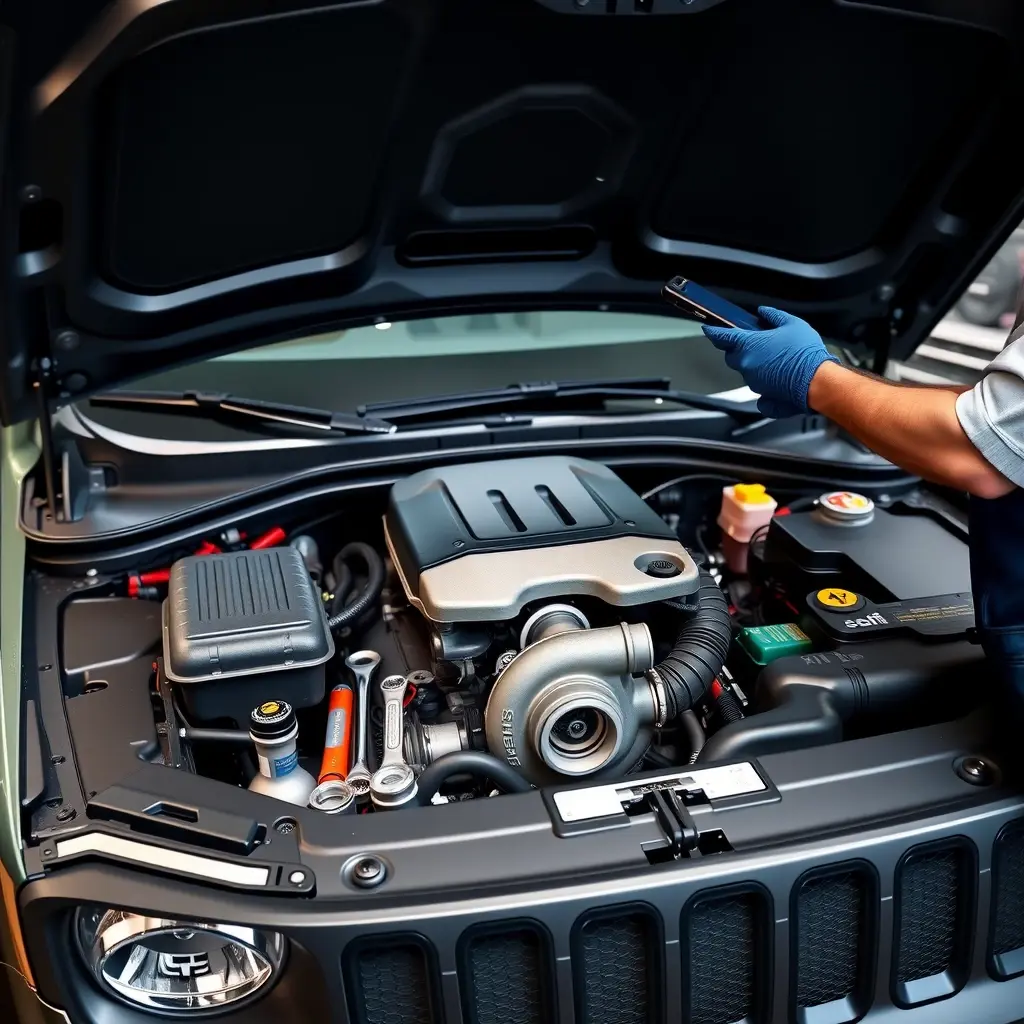 A detailed, realistic scene of a mechanic repairing the 1.3 Turbo engine of a Jeep Renegade (model years 2014 to present). The Jeep is positioned with its hood open, exposing the engine bay. The mechanic, wearing a clean work uniform and gloves, is using professional tools (wrenches, diagnostic scanner) to inspect and replace engine components. The focus is on the engine block, turbocharger, and surrounding parts, with a well-lit garage environment and subtle background elements like tool cabinets and a service lift, all rendered in high-definition, high-quality detail.