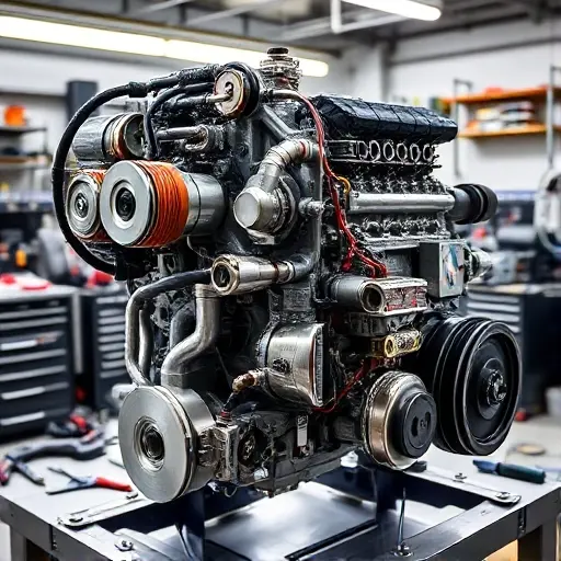 A detailed close-up of a BMW M8 G15 4.4L V8 engine undergoing major repair, showing disassembled components like pistons, crankshaft, cylinder heads, and valves laid out on a clean workshop bench under bright LED lighting, with tools and diagnostic equipment nearby, emphasizing precision and mechanical complexity, no text or labels visible