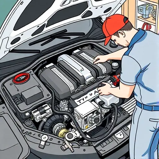 A detailed illustration of a mechanic performing engine repair on an Alfa Romeo Stelvio 2.2 Diesel 160 hp (2017–) with tools and parts visible, showing the engine bay and components clearly