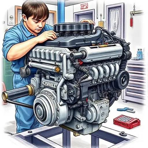 A detailed, realistic illustration of a mechanic repairing a Chevrolet Spark 1.0 L engine, showing the engine block, tools, and parts, with a focus on the engine's internal components, in a workshop setting