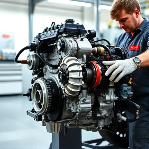 A detailed, realistic image of a mechanic working on the engine of an Audi Q2 2.0 TDI. The engine should be partially disassembled, showcasing the internal components. Focus on the engine block, turbocharger, and connecting rods. The mechanic is wearing a uniform and using specialized tools. The background should be a clean, well-lit garage environment.