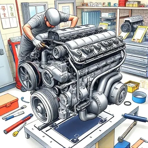 A detailed illustration of a Dacia Logan 1.0 LPG engine undergoing a major repair. The engine should be shown with visible components, tools, and technicians working on it. Focus on the engine block, fuel system, and exhaust components. The scene should depict a workshop environment with tools and equipment scattered around.