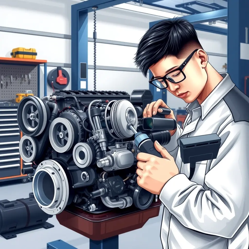 A detailed, high‑resolution illustration of a Hongqi H9 2.0T engine being overhauled in a modern garage. The engine block is open, with visible pistons, turbocharger, and fuel injection components. A professional mechanic in clean workwear and safety glasses is using specialized tools, such as a torque wrench and diagnostic scanner, to inspect and replace parts. The garage background includes organized tool racks, a service lift, and subtle lighting that highlights the engine components, emphasizing precision engineering and the thoroughness of a capital repair.
