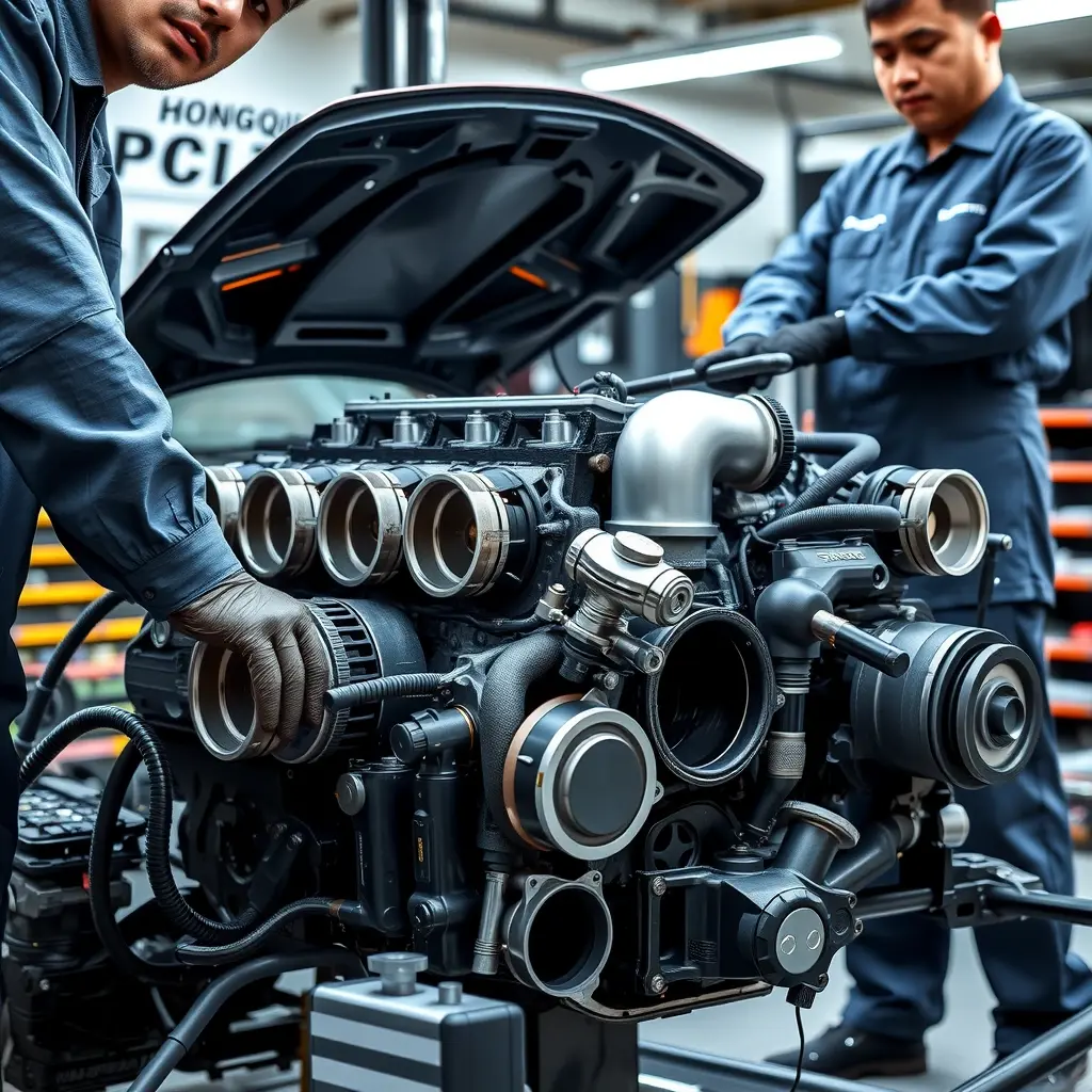 A detailed, realistic scene of a professional mechanic repairing the 2.0T engine of a Hongqi H9 sedan from the 2020s. The engine block is open, with visible pistons, turbocharger, and fuel injection components. The mechanic, wearing a clean jumpsuit and gloves, uses specialized tools like wrenches and diagnostic equipment. The workshop background includes organized tool racks, a service lift, and subtle lighting highlighting the engine parts, all rendered in high-definition, high-quality detail.