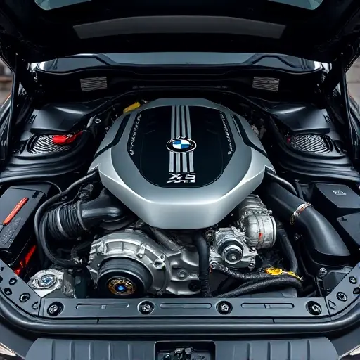 A high‑resolution close‑up of a BMW X5M engine bay showing a V8 4.4 L engine with 625 hp, polished metal surfaces, modern service tools, and a clean workshop background, emphasizing the power and luxury of the vehicle