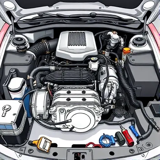 A detailed illustration of a Dodge Journey 2.4L engine undergoing a major repair. Focus on the engine block, visible components like the intake manifold, exhaust manifold, and various hoses and wires. Show tools and parts scattered around the engine bay, indicating the repair process. The background should be a clean, well-lit garage setting.