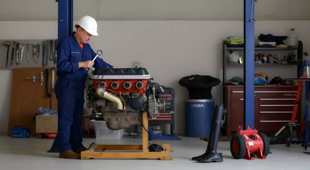 A high-resolution horizontal photo of a skilled mechanic in a clean, well-lit automotive repair shop, working on a Bristol engine. The scene shows the engine on a hydraulic lift, surrounded by organized tools and parts, with a focus on the detailed engine components. The mechanic is wearing a blue coveralls and a safety helmet, holding a wrench. The background includes a wall with tool racks and a subtle, non-distracting shop environment.