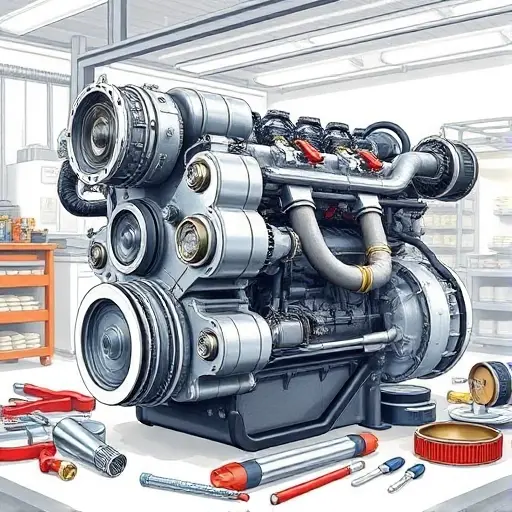 A detailed illustration of a MAN TGE 2.0 diesel engine undergoing a major overhaul. The engine should be shown with visible components like the turbocharger, fuel injection system, and exhaust manifold. Tools and parts related to engine repair should be scattered around the engine. The background should be a clean, well-lit workshop environment.