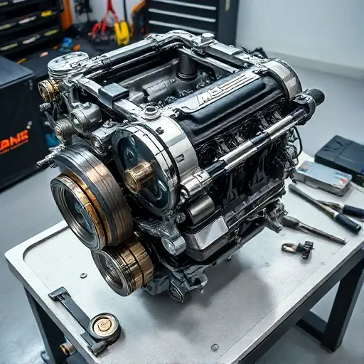 A detailed close-up of a BMW M6 F12 4.4L V8 engine undergoing major repair, showing disassembled components like pistons, crankshaft, cylinder heads, and valves laid out on a clean workshop bench, with tools and diagnostic equipment nearby, soft directional lighting highlighting metal textures and precision engineering, no text or labels visible