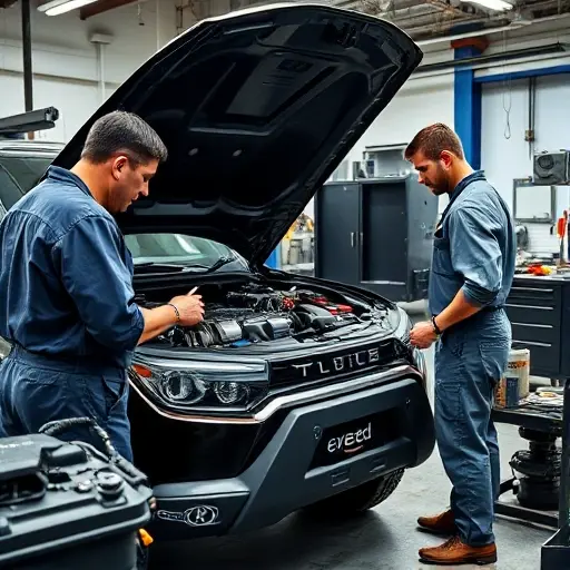 A detailed workshop scene showing a 2020 Exeed VX with its hood open, revealing the 2.0 L turbo engine. A mechanic in coveralls is inspecting the engine, holding a wrench, surrounded by typical automotive tools and engine components, with a clean, well‑lit environment.