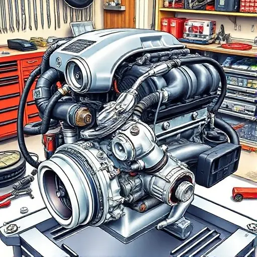 A detailed illustration of a Mazda 3 2.5 Turbo engine undergoing a major overhaul. Focus on the engine block, turbocharger, and various components being inspected and repaired. The scene should depict a professional automotive workshop environment with tools and equipment visible in the background.