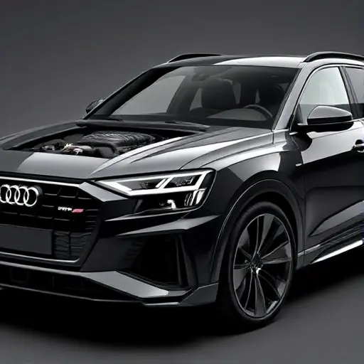 A detailed, high-quality image of an Audi RS Q8 4.0 V8 TFSI, showcasing its powerful engine and sporty design. The car should be in a dynamic pose, perhaps slightly angled to reveal the engine bay. Focus on the car's sleek lines, large wheels, and aggressive front fascia.