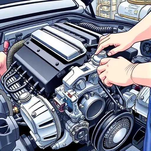 A detailed illustration of an Audi TT 1.8 TFSI engine undergoing repair. Focus on the engine block, intake manifold, and associated components. Show a mechanic's hands working on a specific part, with tools visible. The background should be a clean, well-lit workshop environment.