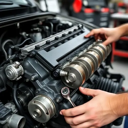 A detailed close-up of a mechanic repairing a Dodge Durango 3.6 V6 engine, showing the engine block, pistons, and tools like a wrench and socket set, with a clean workshop background, no text or logos