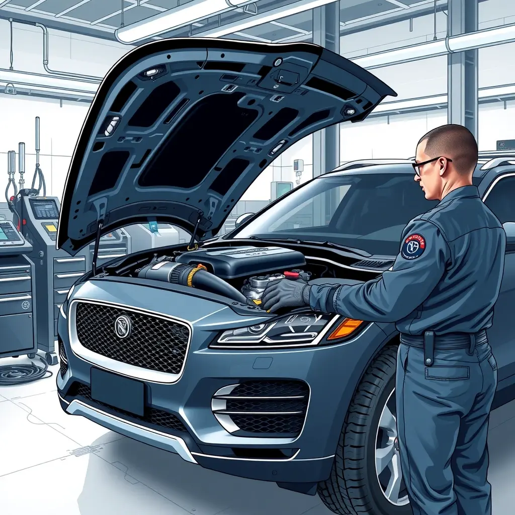 A detailed, high-resolution illustration of a mechanic in a clean garage working on the engine of a Jaguar F-Pace 2.0 Turbo (250 hp, 2016 model). Show the open hood with visible engine components, diagnostic tools, and a professional mechanic wearing a uniform and gloves, focusing on the engine repair process. Emphasize realistic lighting, metallic textures, and a polished, technical atmosphere.
