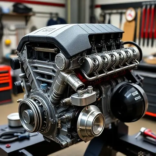 A detailed close-up of a Chevrolet Corvette C6 Z06 7.0 V8 LS7 engine disassembled on a mechanic's workbench, showing the engine block, pistons, and various tools such as wrenches and torque wrenches, with a subtle garage background, all rendered in high detail and realism, without any text, lettering, or numbers
