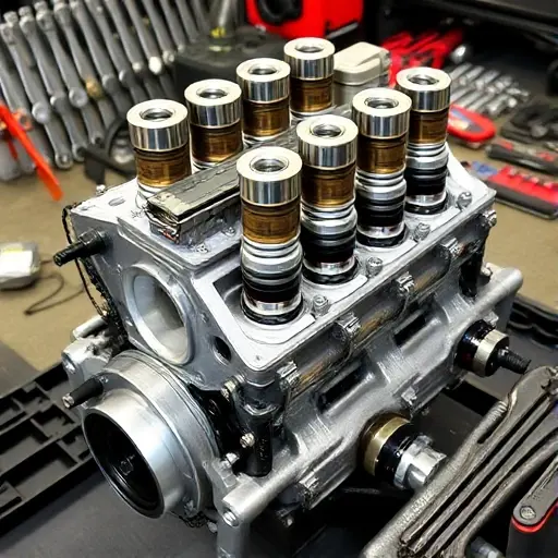 Detailed image of a Caterham Seven 620R 2.0L Ford Dura engine undergoing a major overhaul. The engine should be prominently displayed, showcasing various components like the cylinder head, pistons, crankshaft, and connecting rods. Tools and parts related to engine repair (e.g., wrenches, sockets, spare parts) should be visible in the background, suggesting the ongoing repair process. The scene should be well-lit, highlighting the engine's intricate details.