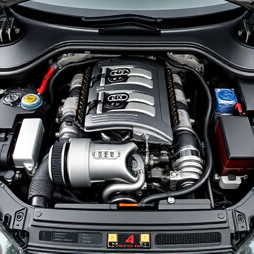 A detailed, high-quality image of a fully restored Audi A6 3.0 V6 TDI 231 hp engine bay. The engine should be clean and well-maintained, showcasing the engine components. Focus on the intricate details of the engine, including the turbocharger, exhaust manifold, and various sensors. The lighting should be realistic, highlighting the metallic surfaces and engine parts.
