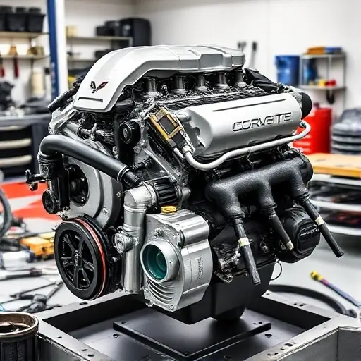 A detailed, high-quality image of a Chevrolet Corvette C6 ZR1 6.2 V8 engine undergoing a major repair. The engine should be partially disassembled, showcasing the internal components. Focus on the engine block, cylinder head, and intake manifold. Tools and repair parts are scattered around the engine. The background should be a clean, well-lit workshop environment.