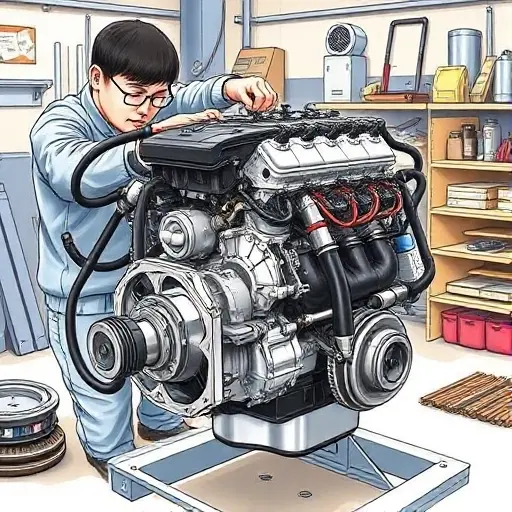 A detailed illustration of a mechanic repairing the 1.3L 87hp engine of a Daihatsu Copen (2007-2012) in a workshop, showing the engine block, tools, and parts with a focus on mechanical detail.