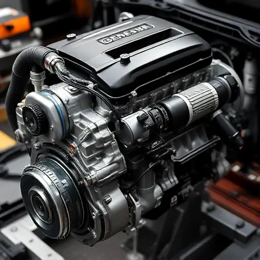 A detailed, high-quality image of a Genesis G90 3.5 V6 Turbo engine undergoing a major repair. The engine should be partially disassembled, showcasing the internal components. Focus on precision and technical accuracy.