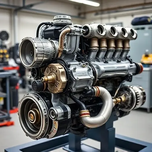 A detailed, high-quality image of a Bugatti Veyron 8.0 L W16 Quad Turbo engine undergoing a major overhaul. The engine should be partially disassembled, revealing intricate components and mechanics. Focus on the engine block, turbochargers, and exhaust system. The background should be a clean, well-lit workshop environment.