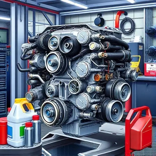 A detailed illustration of a BMW 2er G42 2.0L engine (2021 model) in a professional automotive workshop, showing the engine partially disassembled with visible pistons, crankshaft, and cylinder head, surrounded by mechanic tools such as wrenches, torque wrench, diagnostic scanner, and oil cans. The scene should convey a thorough, high‑quality overhaul with clean lighting and realistic textures, focusing on the mechanical components without any text or branding.