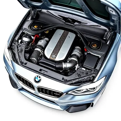 A detailed, high-quality image of a BMW M3 F80 3.0 R6 Twin Turbo with a focus on the engine bay. The engine should be clean and well-lit, showcasing the twin turbochargers and other components. The car should be parked on a clean, neutral background.