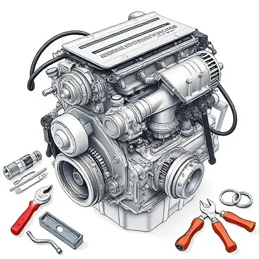 A detailed illustration of a Great Wall Poer 2.0 Turbo engine undergoing a major repair. Focus on the engine block, turbocharger, and surrounding components. Show tools and parts being used during the repair process.