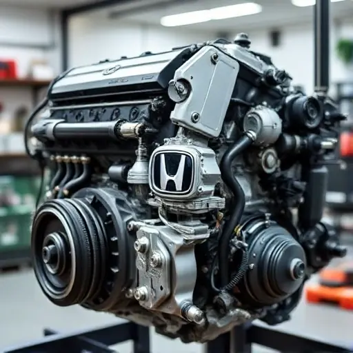 A detailed, high-quality image of a Honda Accord 2.0 Hybrid engine undergoing a major repair. The engine should be partially disassembled, revealing intricate components. Focus on the mechanics and tools involved in the repair process. The background should be a clean, well-lit workshop environment.