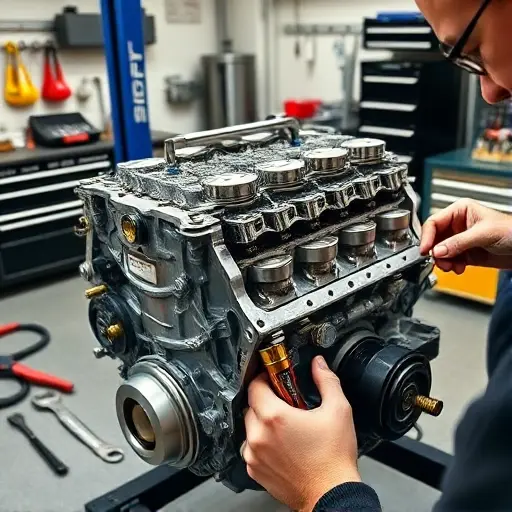 A detailed workshop scene showing a mechanic in a workbench environment repairing a Ford Duratec 2.0L engine from a Caterham Seven 620R. The focus is on the engine block, visible pistons, crankshaft, and tools such as wrenches, torque wrench, and a screwdriver. The setting includes a clean, organized garage with a workbench, a hydraulic lift, and a toolbox. The lighting is bright and focused on the engine area, highlighting the metal surfaces and mechanical details. The image should capture the precision and care of the repair process, with the mechanic's hands and tools in action, but no text or lettering visible.
