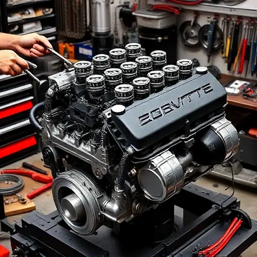 A realistic workshop scene depicting the repair of a Chevrolet Corvette C6 ZR1 6.2 V8 Supercharged engine, featuring an exposed engine block with pistons, crankshaft, and valve train, a mechanic's hands holding tools, and a neatly organized workbench with engine parts and tools arranged around the engine