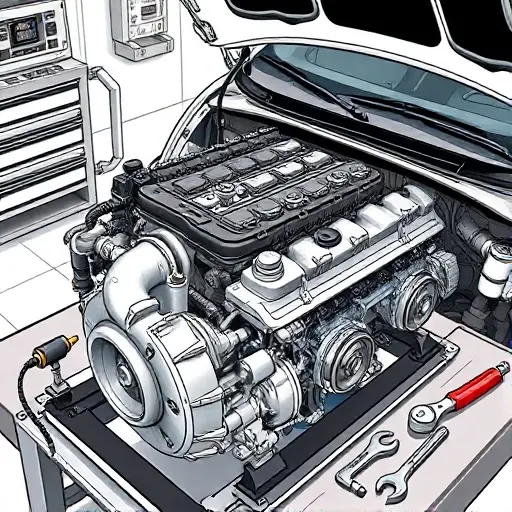 A detailed illustration of a mechanic repairing the 1.5 Turbo engine of a FAW Hongqi H5 (2018‑present). Show the engine block on a workbench with open cylinder head, spark plugs, turbocharger, and diagnostic tools such as wrenches and a scan tool. Include the car's hood partially open to reveal the engine, with a clean workshop background. Emphasize realistic textures, metallic surfaces, and a focus on the engine components being serviced.