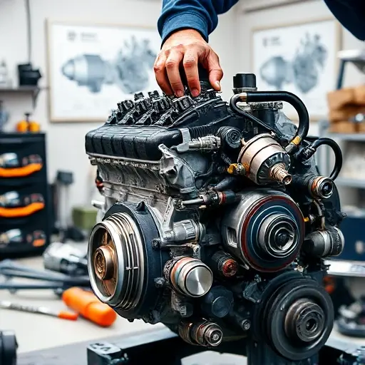 A detailed close-up of a mechanic working on the 1.6L engine of a Chery Tiggo 3, with visible engine block, pistons, crankshaft, and a set of tools such as wrenches and a torque wrench. The scene is set in a well-lit garage, with a workbench, engine parts scattered, and a schematic diagram of the engine subtly in the background. No text or lettering is present.