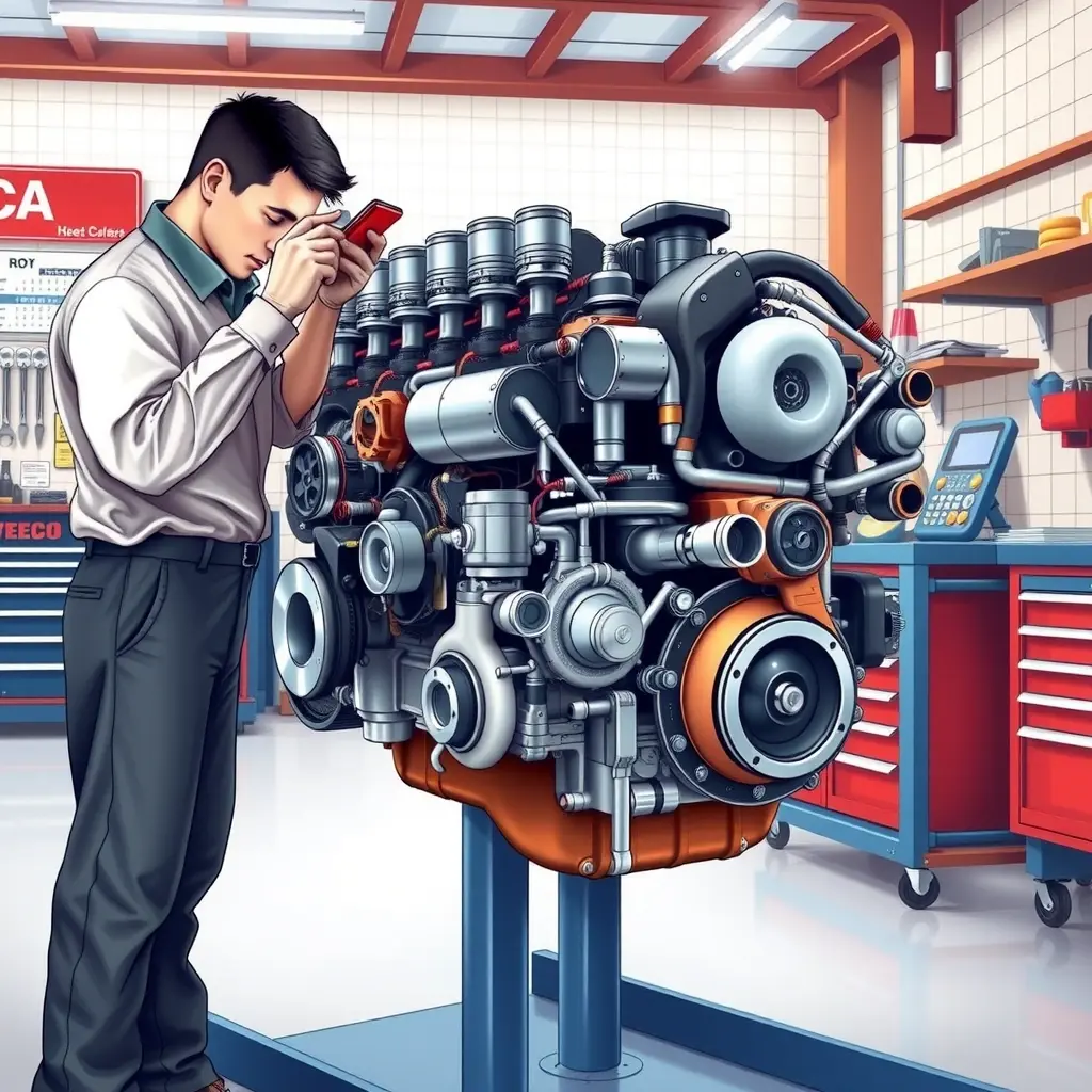A detailed, high-resolution illustration of a mechanic performing a complete overhaul of an Iveco Massif 3.0 diesel engine (146 hp). The engine is positioned on a service stand in a well-lit workshop, with visible components such as the cylinder block, pistons, crankshaft, fuel injection system, and turbocharger. The mechanic, wearing a clean jumpsuit and gloves, is using professional tools (wrenches, torque wrench, diagnostic scanner) to disassemble and inspect parts. The background shows organized tool racks, safety signs, and a clean floor, emphasizing a professional automotive repair environment.