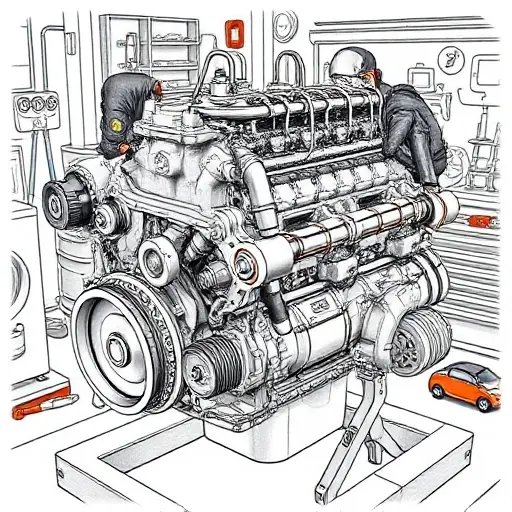 A detailed illustration of a Citroën C1 1.0 L 72 hp engine undergoing a major repair. The engine should be shown with visible components, tools, and technicians working on it. Focus on the engine block, cylinder head, and associated parts. The scene should depict a workshop environment with tools and equipment.