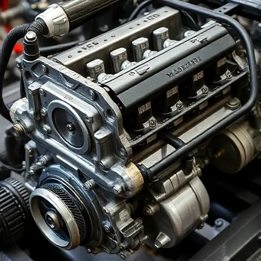 A detailed, high-quality image of a Maserati MC20 engine undergoing a major repair. Focus on the engine block, cylinder head, and surrounding components. Show visible signs of disassembly and repair work. The engine should be well-lit, highlighting the intricate details of the V6 Nettuno 3.0 engine.