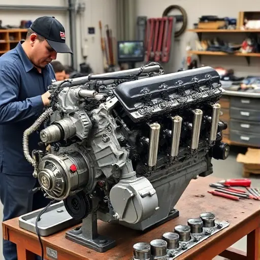 A detailed workshop scene showing a skilled mechanic repairing a 6.2 V8 engine from a Cadillac Escalade, with the engine disassembled on a workbench, tools scattered, and a focus on the cylinder heads and pistons, all in a realistic style.