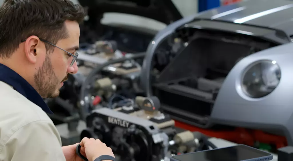A realistic, high-resolution photo of a professional automotive workshop scene. In the foreground, a skilled mechanic in a clean work uniform is focused on a Bentley engine block, using precision tools. The Bentley car is partially disassembled, with visible engine components and a polished chassis. A modern phone sits on a nearby workbench, its screen off, but the phone itself is present. The lighting is bright and evenly distributed, highlighting the metallic surfaces and the mechanic’s concentration. No signage, logos, or textual elements are visible in the image.