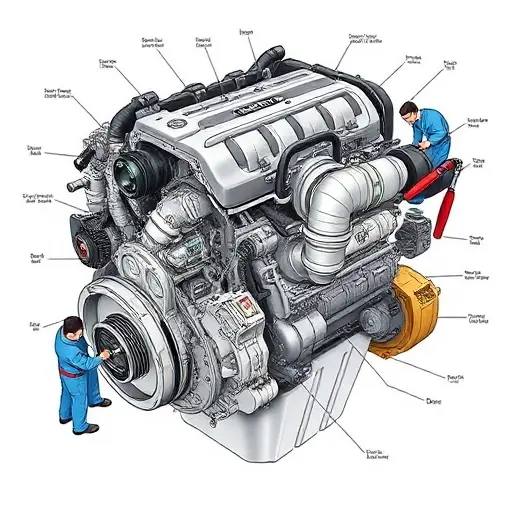 A detailed illustration of a Chery Tiggo 8 Pro 1.6 Turbo engine undergoing a major repair. Focus on the engine block, turbocharger, and surrounding components. Show tools and technicians working on the engine.