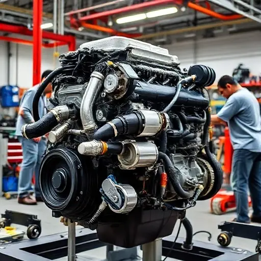 A detailed, high-quality image of a FAW Hongqi H5 2.0 Turbo engine undergoing a major repair. The engine should be shown with visible components, tools, and technicians working on it in a well-lit workshop. Focus on the engine's intricate details and the repair process.