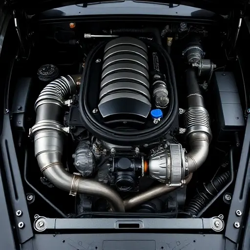 A detailed, high-quality image of the engine bay of a Donkervoort D8, showcasing the 1.8 Turbo Audi engine. Focus on the engine components, turbocharger, and exhaust system. The engine should be well-lit, highlighting its mechanical details.