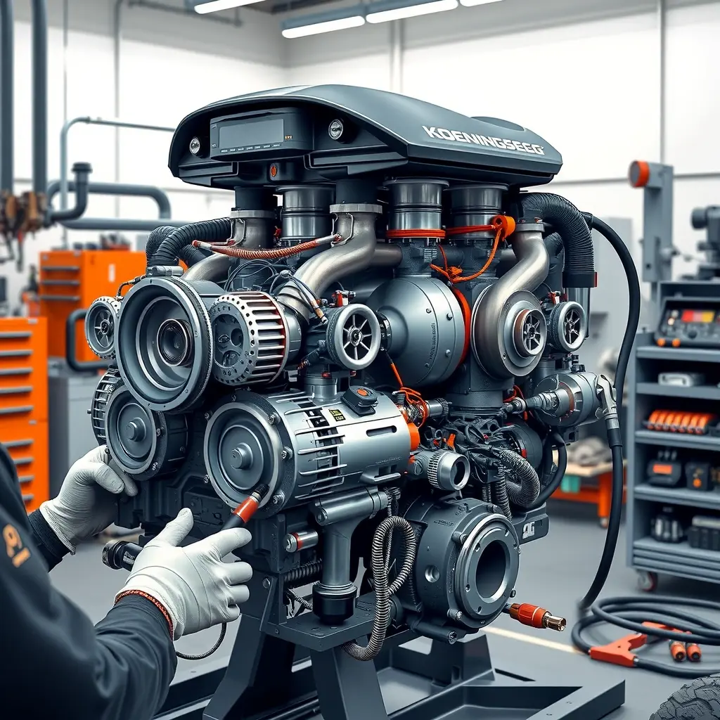 A highly detailed, realistic illustration of a Koenigsegg Regera hybrid engine undergoing a complete overhaul in a professional workshop. The engine block is open, revealing pistons, turbochargers, electric motor components, and precision tools such as torque wrenches, diagnostic equipment, and a mechanic's gloved hands working on parts. Bright lighting highlights metallic surfaces and intricate details, with a clean background that focuses on the engine and work area.
