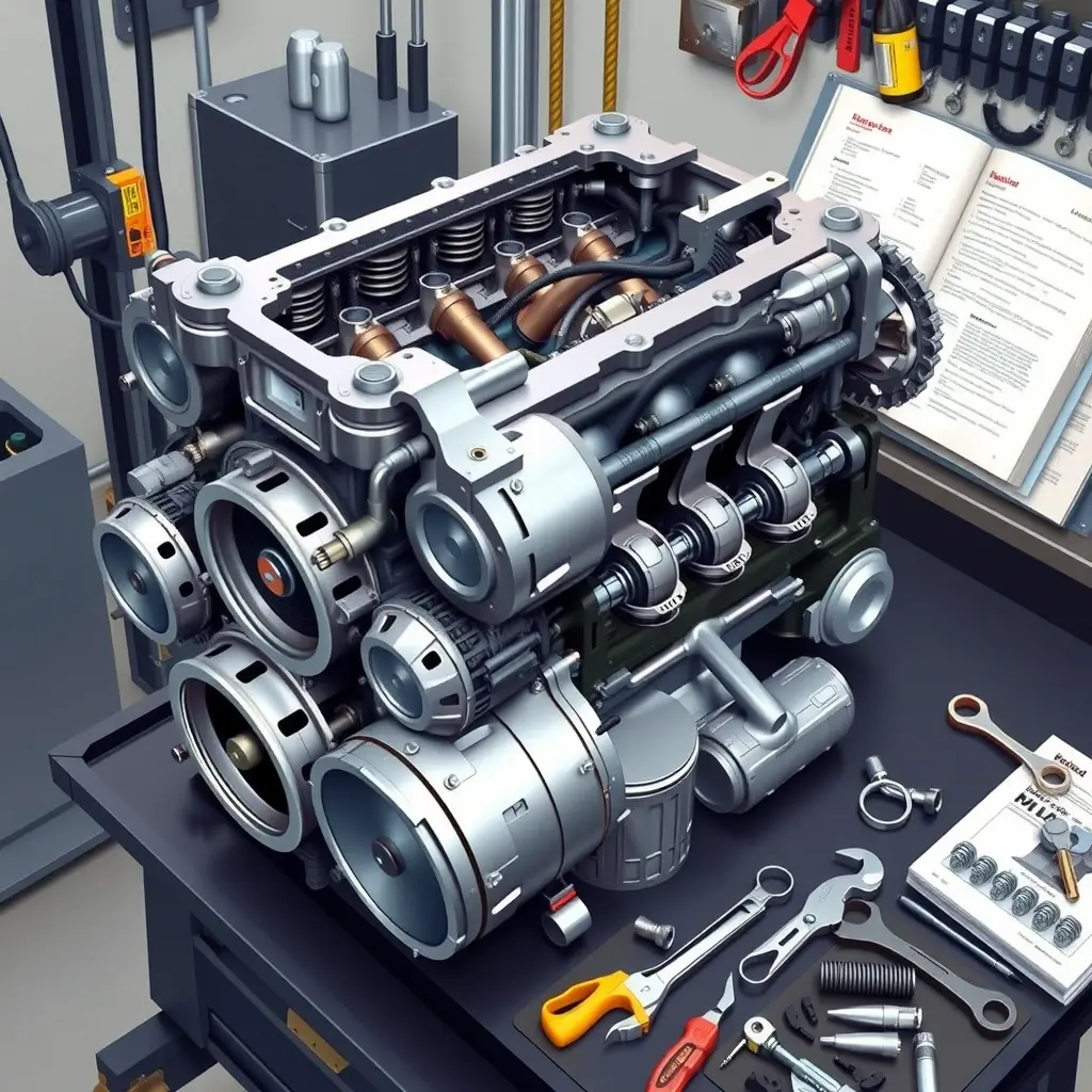 A detailed high-resolution illustration of a Hummer H2 6.0 L V8 engine on a workshop bench, partially disassembled for a complete overhaul. Show the engine block, pistons, crankshaft, camshaft, and valve train with bolts and gaskets spread around, accompanied by mechanic tools such as wrenches, torque wrench, and a service manual opened nearby. The scene is well-lit, clean, with a focus on metallic textures and realistic lighting, emphasizing the complexity of the repair.